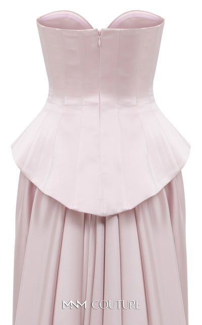 MNM Couture Style N0648 silver silk column dress featuring a sweetheart neckline, peplum corset bodice, floral embroidery with sequins, a fitted skirt, and a dramatic back train for an elegant silhouette | Couture Shop LA