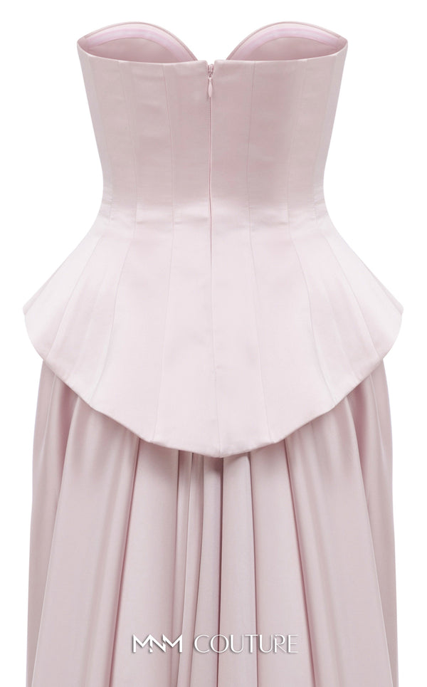 MNM Couture Style N0648 silver silk column dress featuring a sweetheart neckline, peplum corset bodice, floral embroidery with sequins, a fitted skirt, and a dramatic back train for an elegant silhouette | Couture Shop LA