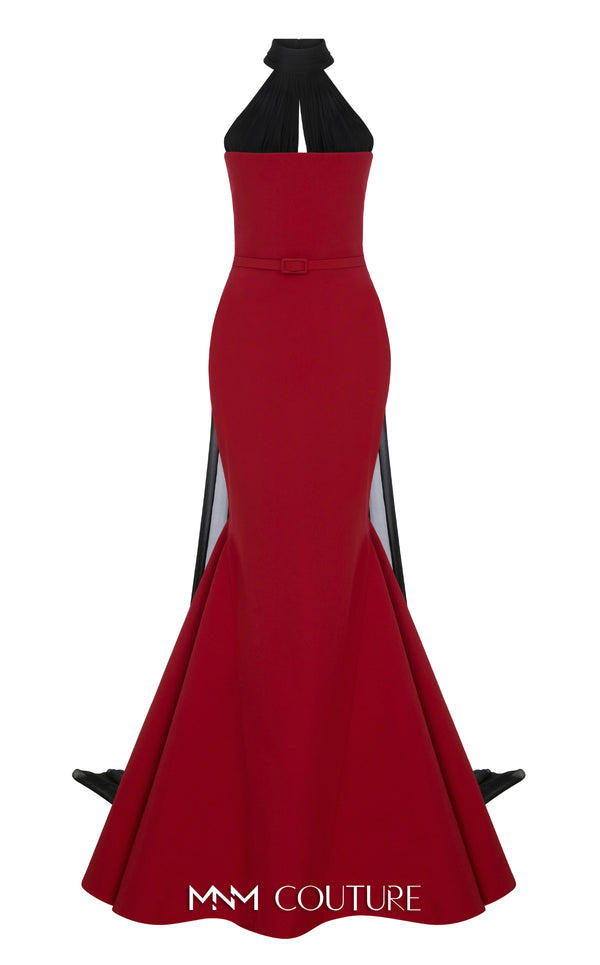 MNM Couture Style N0649 beige mermaid dress with high organza neckline, fitted waistline & dramatic train cape. | Couture Shop LA