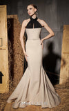 MNM Couture Style N0649 beige mermaid dress with high organza neckline, fitted waistline & dramatic train cape. | Couture Shop LA