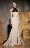 MNM Couture Style N0649 beige mermaid dress with high organza neckline, fitted waistline & dramatic train cape. | Couture Shop LA