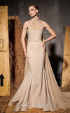 MNM Couture Style N0649 beige mermaid dress with high organza neckline, fitted waistline & dramatic train cape. | Couture Shop LA