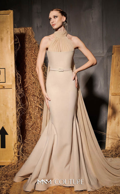 MNM Couture Style N0649 beige mermaid dress with high organza neckline, fitted waistline & dramatic train cape. | Couture Shop LA