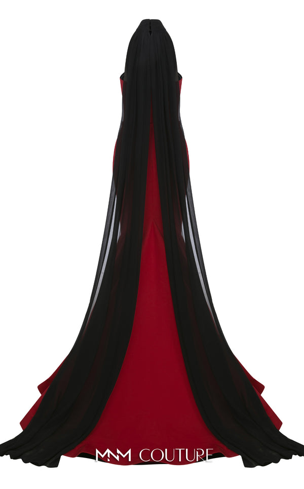 MNM Couture Style N0649 beige mermaid dress with high organza neckline, fitted waistline & dramatic train cape. | Couture Shop LA