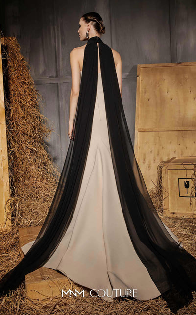 MNM Couture Style N0649 beige mermaid dress with high organza neckline, fitted waistline & dramatic train cape. | Couture Shop LA