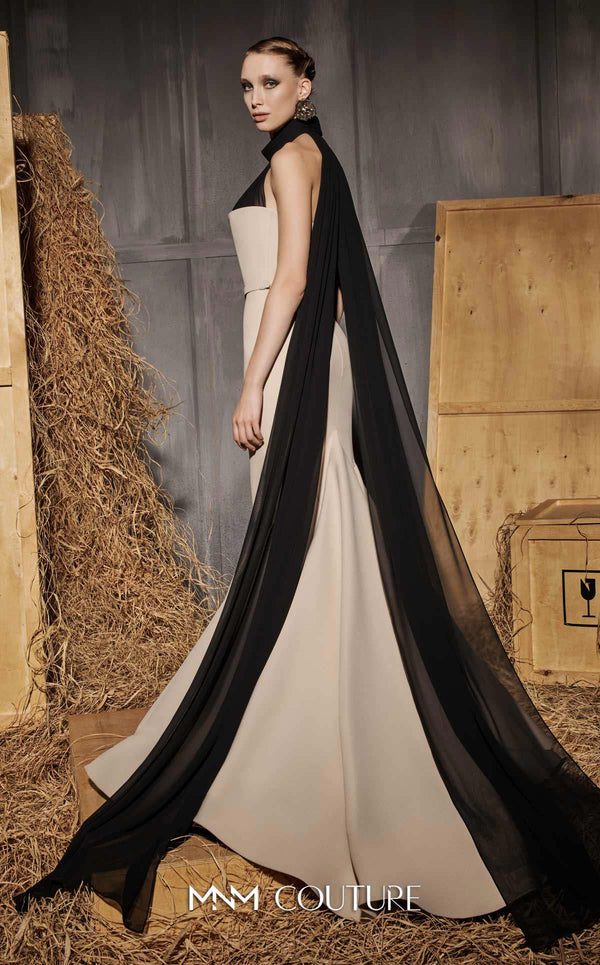 MNM Couture Style N0649 beige mermaid dress with high organza neckline, fitted waistline & dramatic train cape. | Couture Shop LA