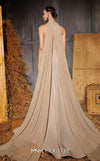 MNM Couture Style N0649 beige mermaid dress with high organza neckline, fitted waistline & dramatic train cape. | Couture Shop LA