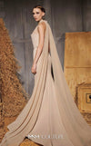 MNM Couture Style N0649 beige mermaid dress with high organza neckline, fitted waistline & dramatic train cape. | Couture Shop LA