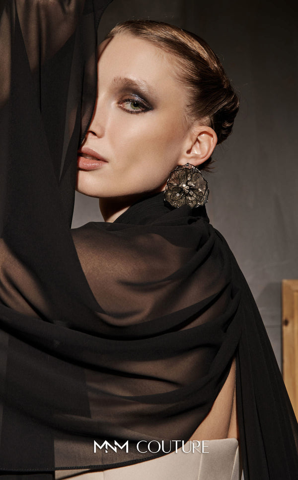 MNM Couture Style N0649 beige mermaid dress with high organza neckline, fitted waistline & dramatic train cape. | Couture Shop LA