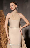 MNM Couture Style N0649 beige mermaid dress with high organza neckline, fitted waistline & dramatic train cape. | Couture Shop LA