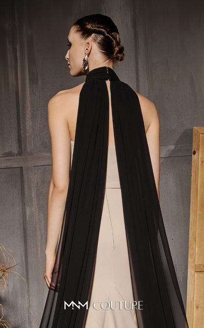 MNM Couture Style N0649 beige mermaid dress with high organza neckline, fitted waistline & dramatic train cape. | Couture Shop LA