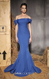 MNM Couture Style N0651 blue gown with cap off-shoulder sleeves, straight neckline & mermaid silhouette. | Couture Shop LA