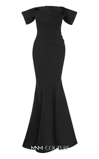 MNM Couture Style N0651 blue gown with cap off-shoulder sleeves, straight neckline & mermaid silhouette. | Couture Shop LA