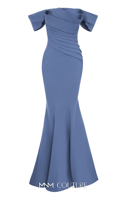 MNM Couture Style N0651 blue gown with cap off-shoulder sleeves, straight neckline & mermaid silhouette. | Couture Shop LA