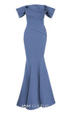 MNM Couture Style N0651 blue gown with cap off-shoulder sleeves, straight neckline & mermaid silhouette. | Couture Shop LA