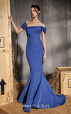 MNM Couture Style N0651 blue gown with cap off-shoulder sleeves, straight neckline & mermaid silhouette. | Couture Shop LA