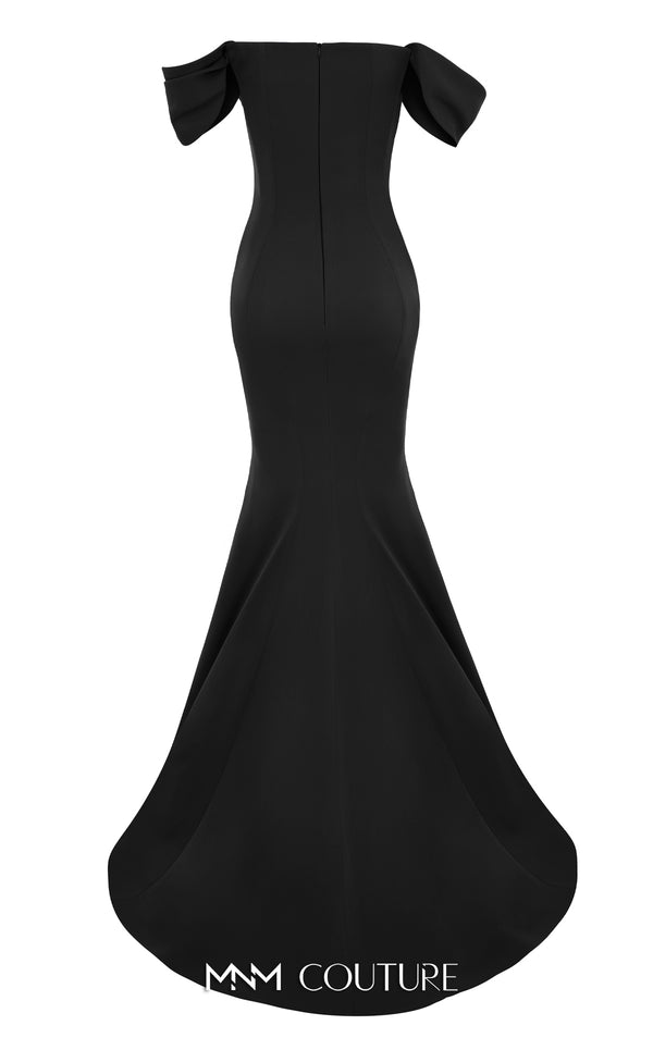 MNM Couture Style N0651 blue gown with cap off-shoulder sleeves, straight neckline & mermaid silhouette. | Couture Shop LA