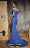 MNM Couture Style N0651 blue gown with cap off-shoulder sleeves, straight neckline & mermaid silhouette. | Couture Shop LA