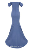 MNM Couture Style N0651 blue gown with cap off-shoulder sleeves, straight neckline & mermaid silhouette. | Couture Shop LA