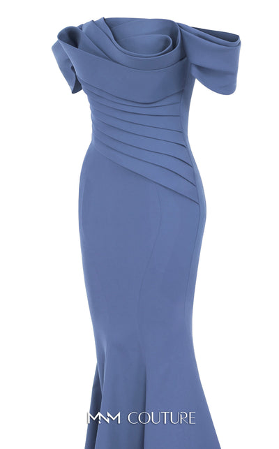 MNM Couture Style N0651 blue gown with cap off-shoulder sleeves, straight neckline & mermaid silhouette. | Couture Shop LA