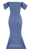 MNM Couture Style N0651 blue gown with cap off-shoulder sleeves, straight neckline & mermaid silhouette. | Couture Shop LA