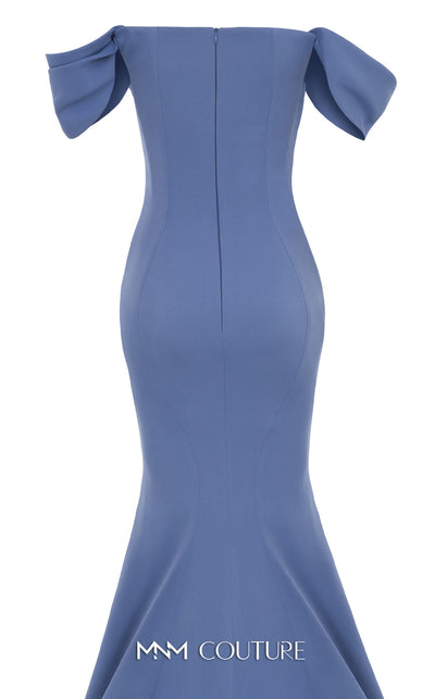 MNM Couture Style N0651 blue gown with cap off-shoulder sleeves, straight neckline & mermaid silhouette. | Couture Shop LA