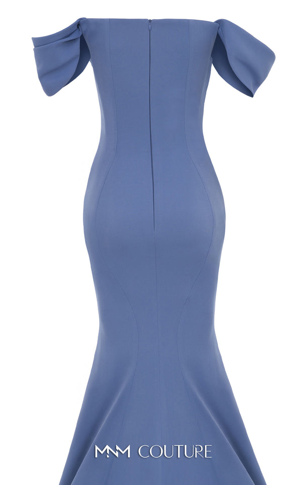 MNM Couture Style N0651 blue gown with cap off-shoulder sleeves, straight neckline & mermaid silhouette. | Couture Shop LA