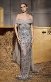 MNM Couture Style N0652 gray mesh embroidered gown with sweetheart neckline, cap off-shoulder sleeves & flowing train cape. | Couture Shop LA