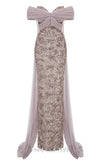 MNM Couture Style N0652 gray mesh embroidered gown with sweetheart neckline, cap off-shoulder sleeves & flowing train cape. | Couture Shop LA