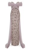 MNM Couture Style N0652 gray mesh embroidered gown with sweetheart neckline, cap off-shoulder sleeves & flowing train cape. | Couture Shop LA