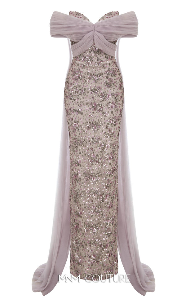 MNM Couture Style N0652 gray mesh embroidered gown with sweetheart neckline, cap off-shoulder sleeves & flowing train cape. | Couture Shop LA