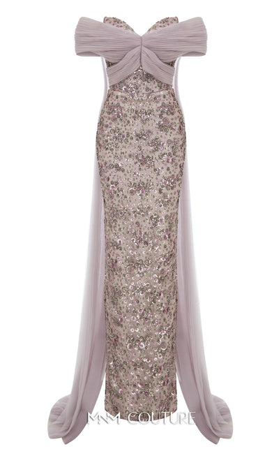 MNM Couture Style N0652 gray mesh embroidered gown with sweetheart neckline, cap off-shoulder sleeves & flowing train cape. | Couture Shop LA
