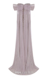 MNM Couture Style N0652 gray mesh embroidered gown with sweetheart neckline, cap off-shoulder sleeves & flowing train cape. | Couture Shop LA