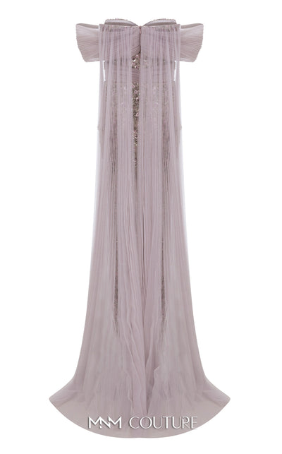 MNM Couture Style N0652 gray mesh embroidered gown with sweetheart neckline, cap off-shoulder sleeves & flowing train cape. | Couture Shop LA