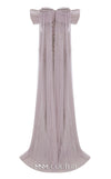 MNM Couture Style N0652 gray mesh embroidered gown with sweetheart neckline, cap off-shoulder sleeves & flowing train cape. | Couture Shop LA