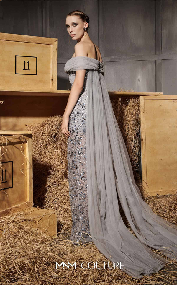 MNM Couture Style N0652 gray mesh embroidered gown with sweetheart neckline, cap off-shoulder sleeves & flowing train cape. | Couture Shop LA