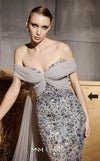 MNM Couture Style N0652 gray mesh embroidered gown with sweetheart neckline, cap off-shoulder sleeves & flowing train cape. | Couture Shop LA