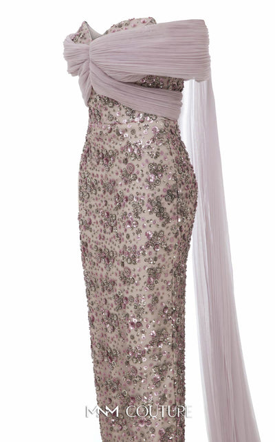 MNM Couture Style N0652 gray mesh embroidered gown with sweetheart neckline, cap off-shoulder sleeves & flowing train cape. | Couture Shop LA