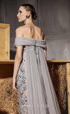 MNM Couture Style N0652 gray mesh embroidered gown with sweetheart neckline, cap off-shoulder sleeves & flowing train cape. | Couture Shop LA