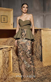 MNM Couture Style N0653 green rayon crepe mesh embroidered column gown with asymmetric neckline. | Couture Shop LA