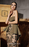 MNM Couture Style N0653 green rayon crepe mesh embroidered column gown with asymmetric neckline. | Couture Shop LA