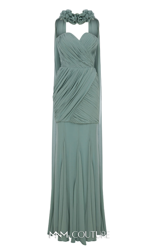 MNM Couture Style N0655 black organza mini dress with floral-adorned cape, sweetheart neckline & cascading train. | Couture Shop LA