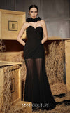 MNM Couture Style N0655 black organza mini dress with floral-adorned cape, sweetheart neckline & cascading train. | Couture Shop LA