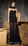MNM Couture Style N0655 black organza mini dress with floral-adorned cape, sweetheart neckline & cascading train. | Couture Shop LA
