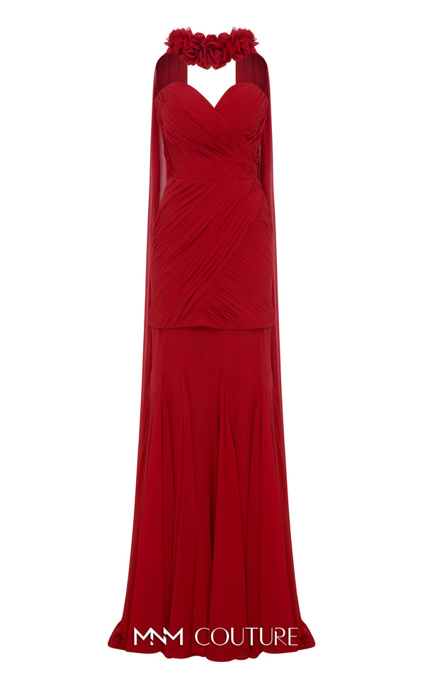 MNM Couture Style N0655 black organza mini dress with floral-adorned cape, sweetheart neckline & cascading train. | Couture Shop LA