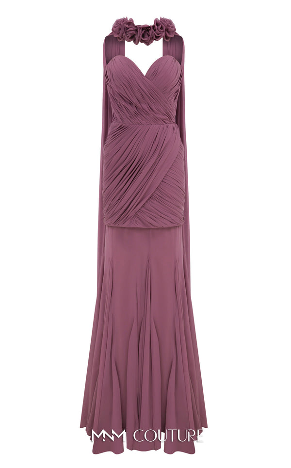 MNM Couture Style N0655 black organza mini dress with floral-adorned cape, sweetheart neckline & cascading train. | Couture Shop LA