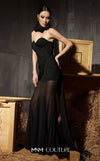 MNM Couture Style N0655 black organza mini dress with floral-adorned cape, sweetheart neckline & cascading train. | Couture Shop LA