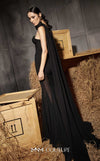 MNM Couture Style N0655 black organza mini dress with floral-adorned cape, sweetheart neckline & cascading train. | Couture Shop LA