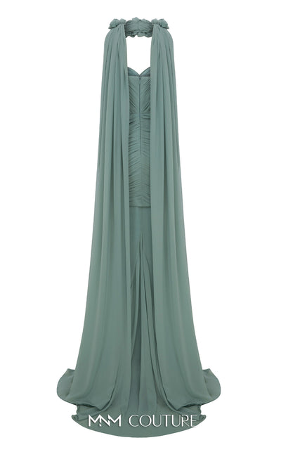 MNM Couture Style N0655 black organza mini dress with floral-adorned cape, sweetheart neckline & cascading train. | Couture Shop LA