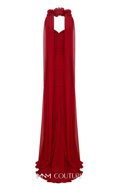 MNM Couture Style N0655 black organza mini dress with floral-adorned cape, sweetheart neckline & cascading train. | Couture Shop LA